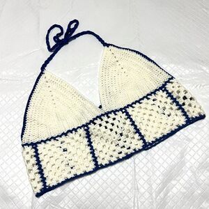 Crochet Yarn Knit Cropped Triangle Halter Top Festival Size L